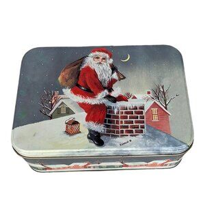Vintage Santa metal cookie tin Christmas Night Santa going down chimney